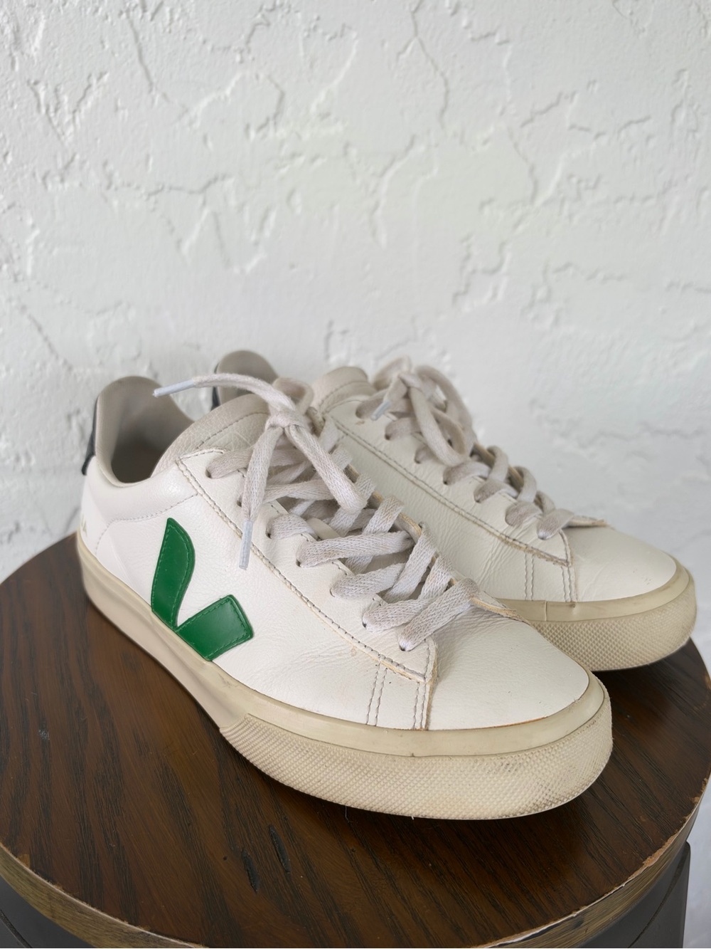 Veja White Leather Sneakers with green V and black Heel Tab sz 38/7
